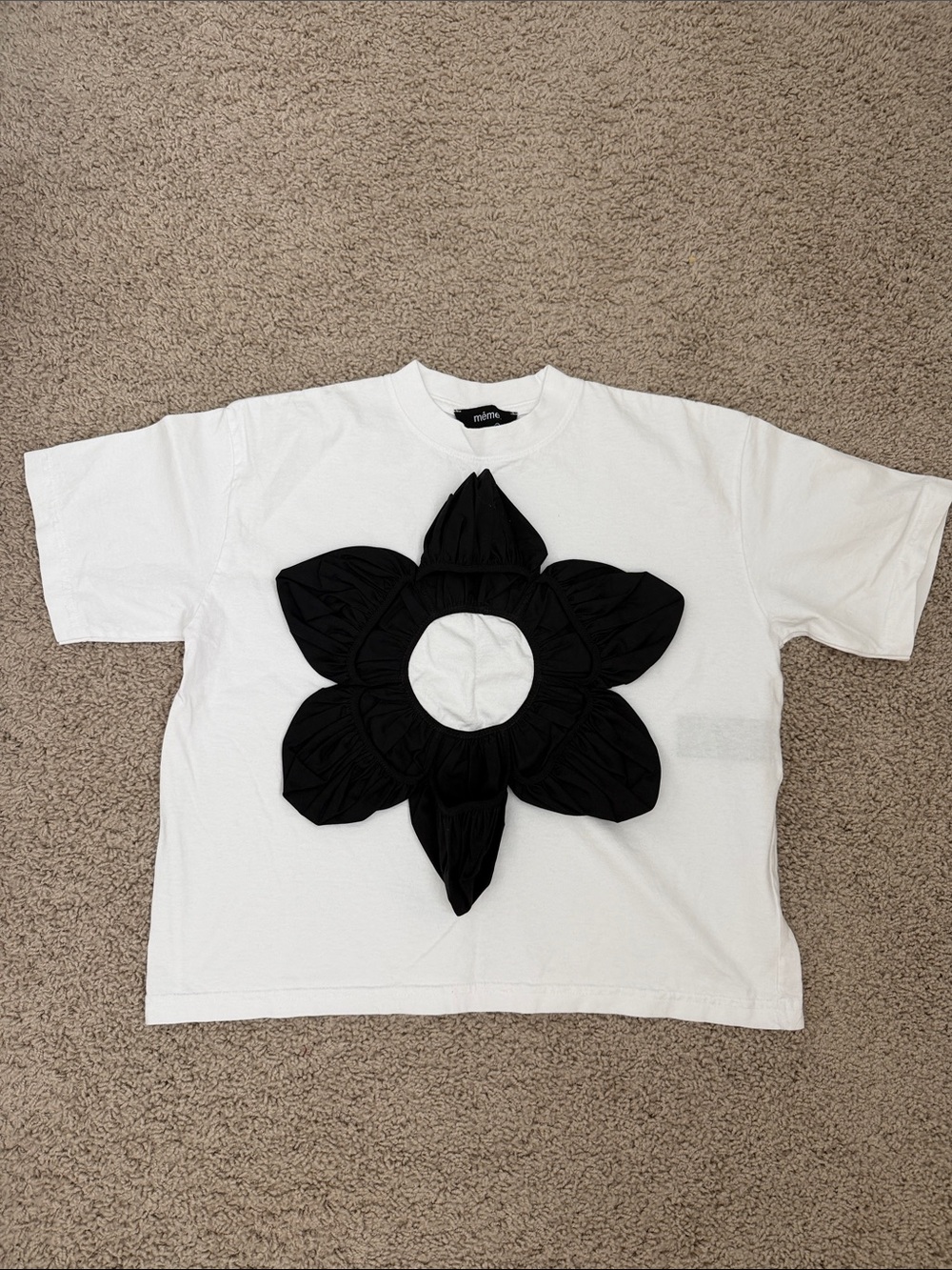 Meme White Tee with Black Flower Applique